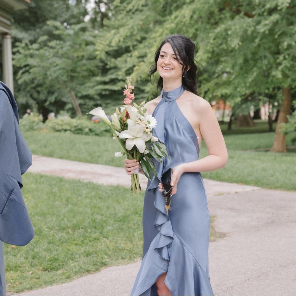 Halter Ruffle Satin Evening Dress in Dusty Blue